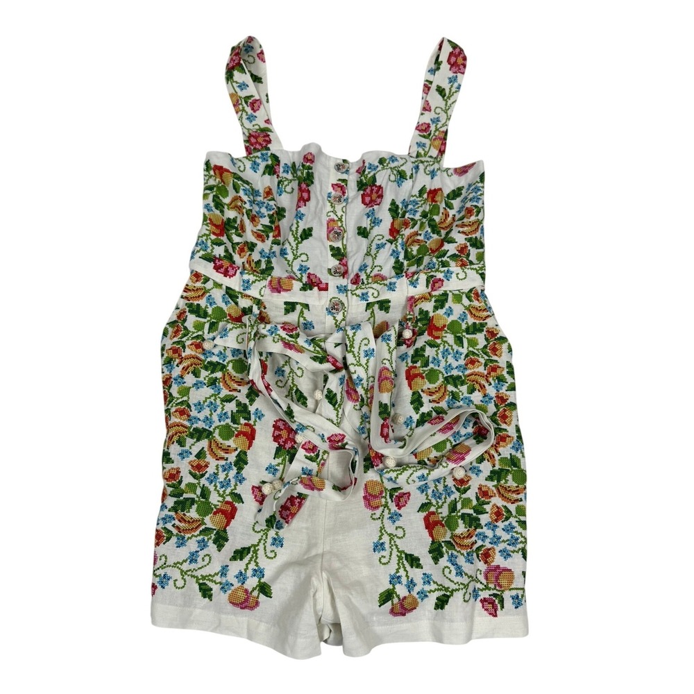 Farm Rio Tropical Romance Floral Romper White Cross Stitch Print Size M
